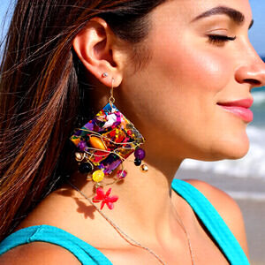 Handmade resin square Earrings with colorful confetti wire wrapping beads Vtg